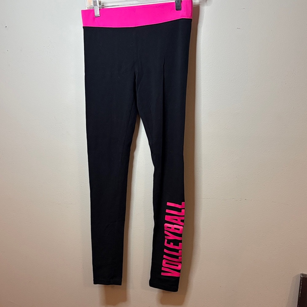 Justice Girls Black Leggings with Hot Pink Waistband and Volleyball Print